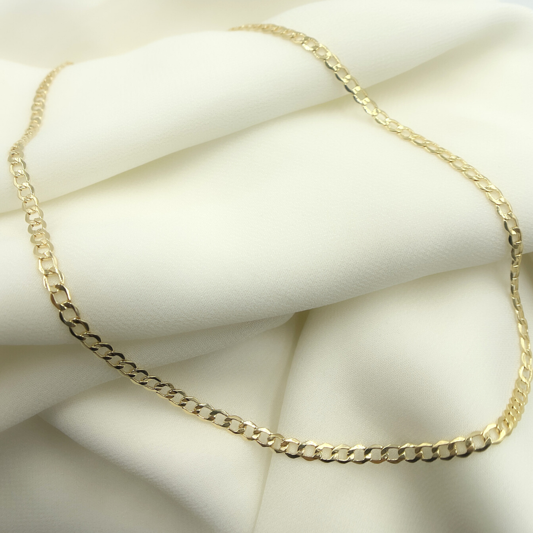 14K Solid Gold Hollow Flat Curb Necklace