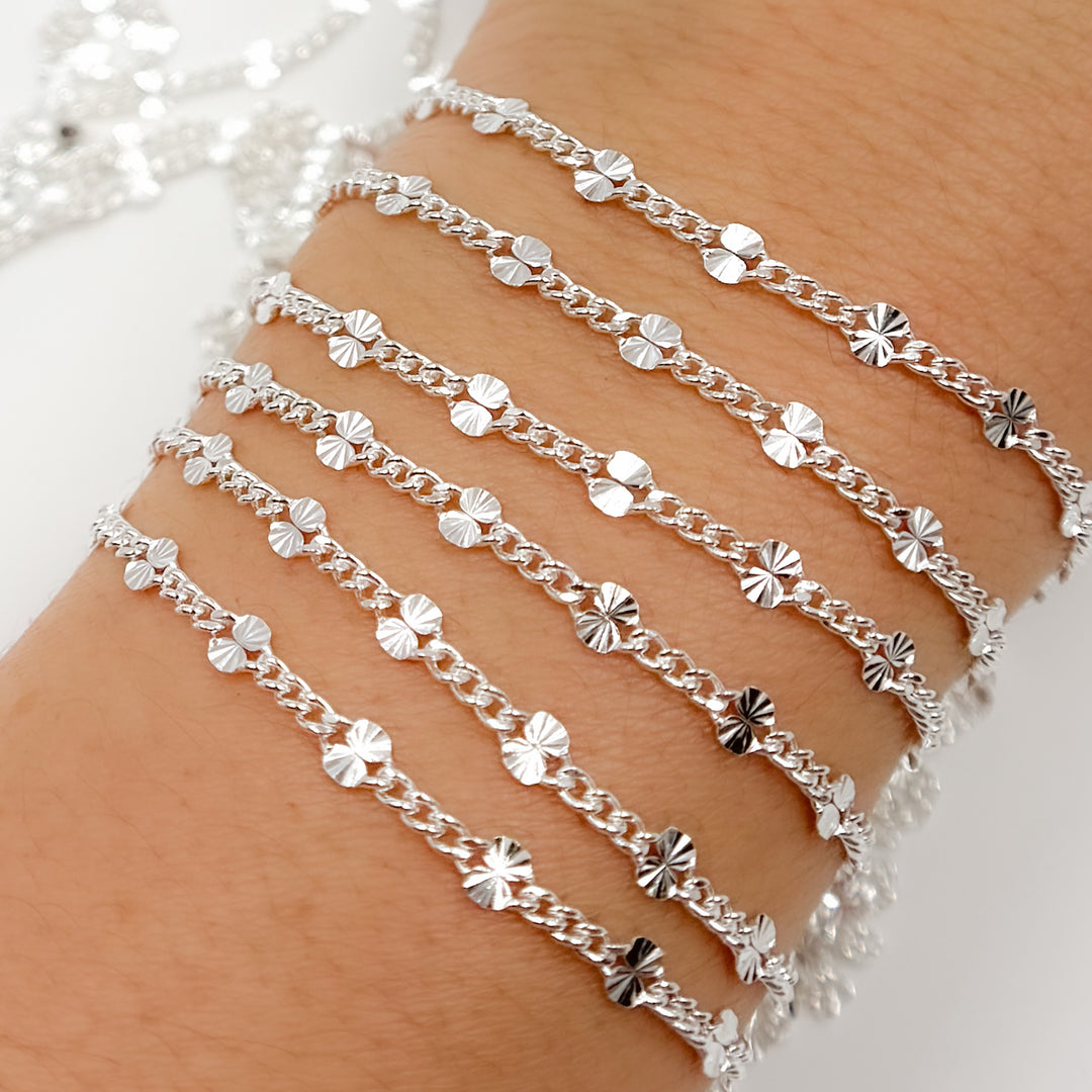 Sterling Silver Curb Chain with Textured Disc Link