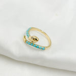 Load image into Gallery viewer, 14K Solid Yellow Gold Diamond and Turquoise Open Snake Ring