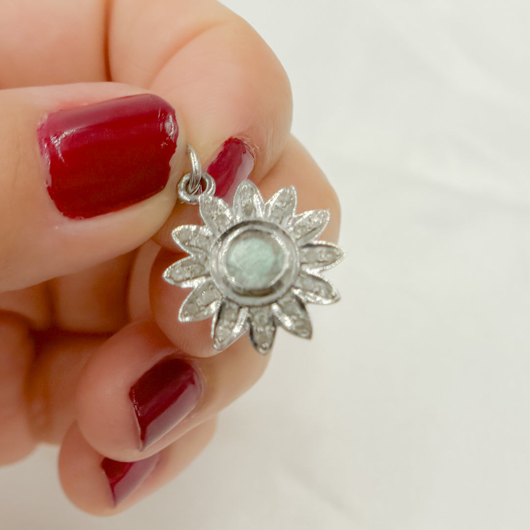 DC407. Diamond Sterling Silver Flower Pendant with Gemstone