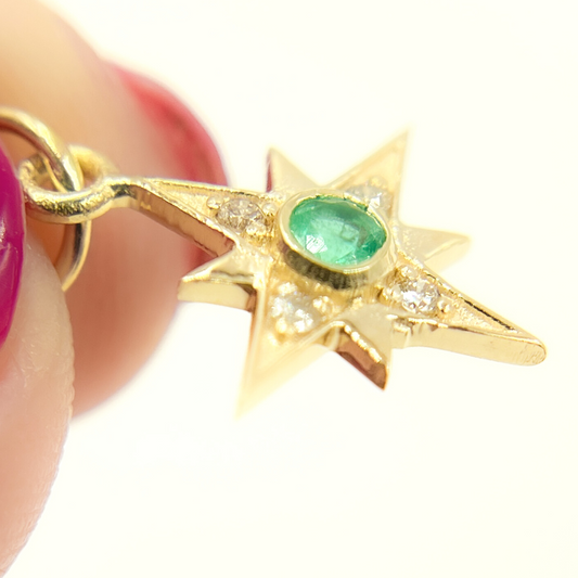 GDP274. 14K Solid Gold Diamond & Emerald Star Charm