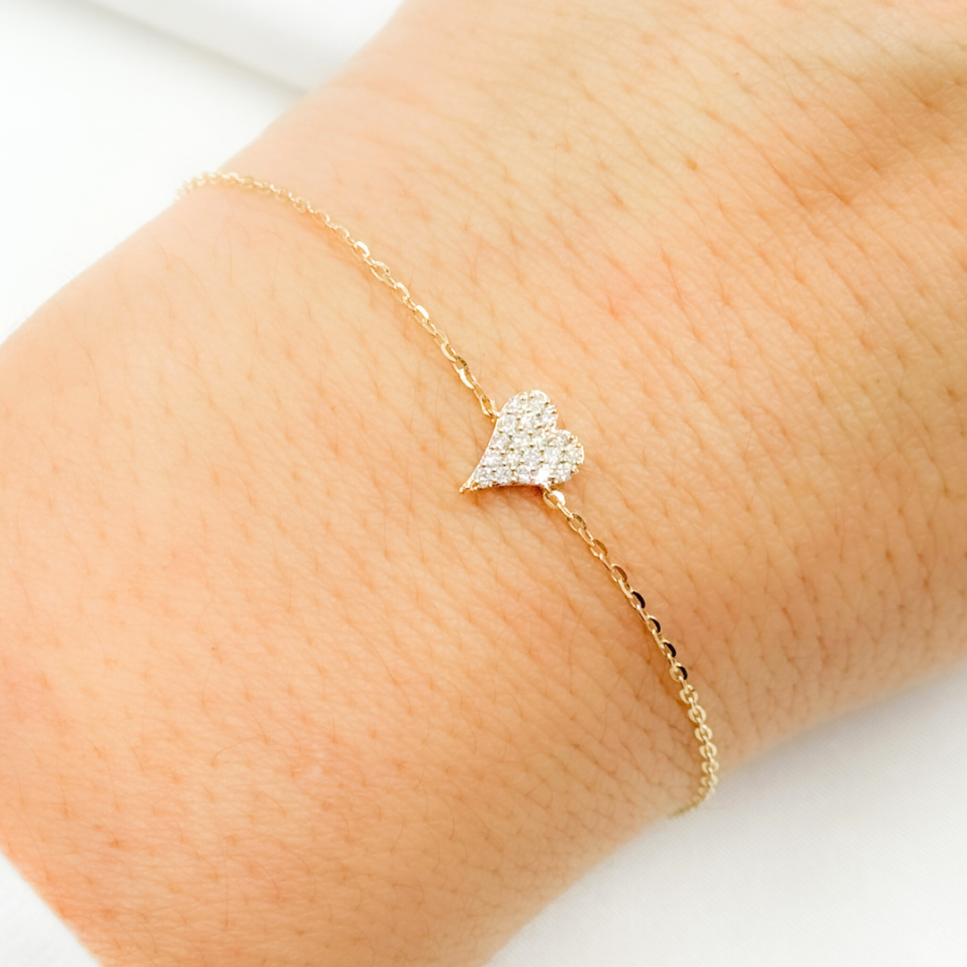 14k Solid Gold Diamond Heart Bracelet