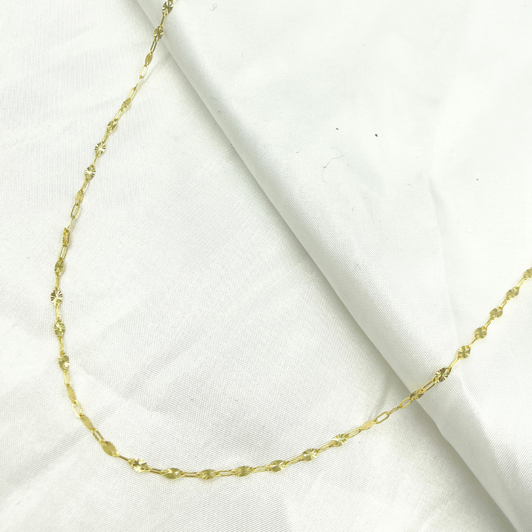 14K Solid Yellow Gold Oval Flat Link Diamond Cut Marina Link Chain