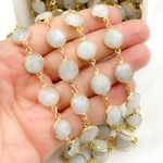 Load image into Gallery viewer, White Moonstone  Round Shape Bezel Gold Plated Wire Chain. CMS26
