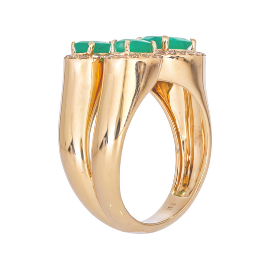 14K Solid Gold Diamond and Emerald Three Ovals Ring
