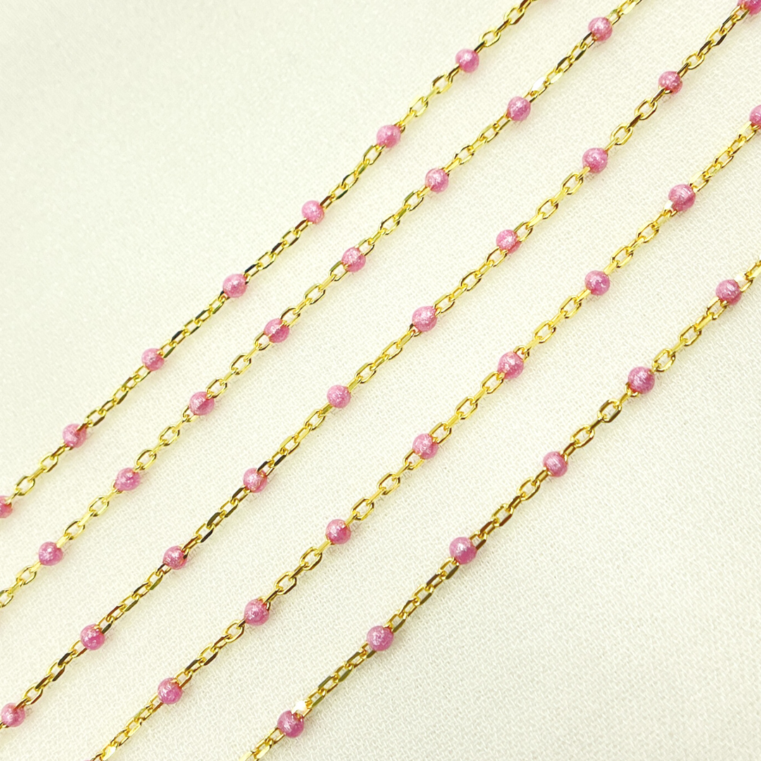 925 Sterling Silver Gold Plated Enamel Rose Color Cable Chain. V203RSGP