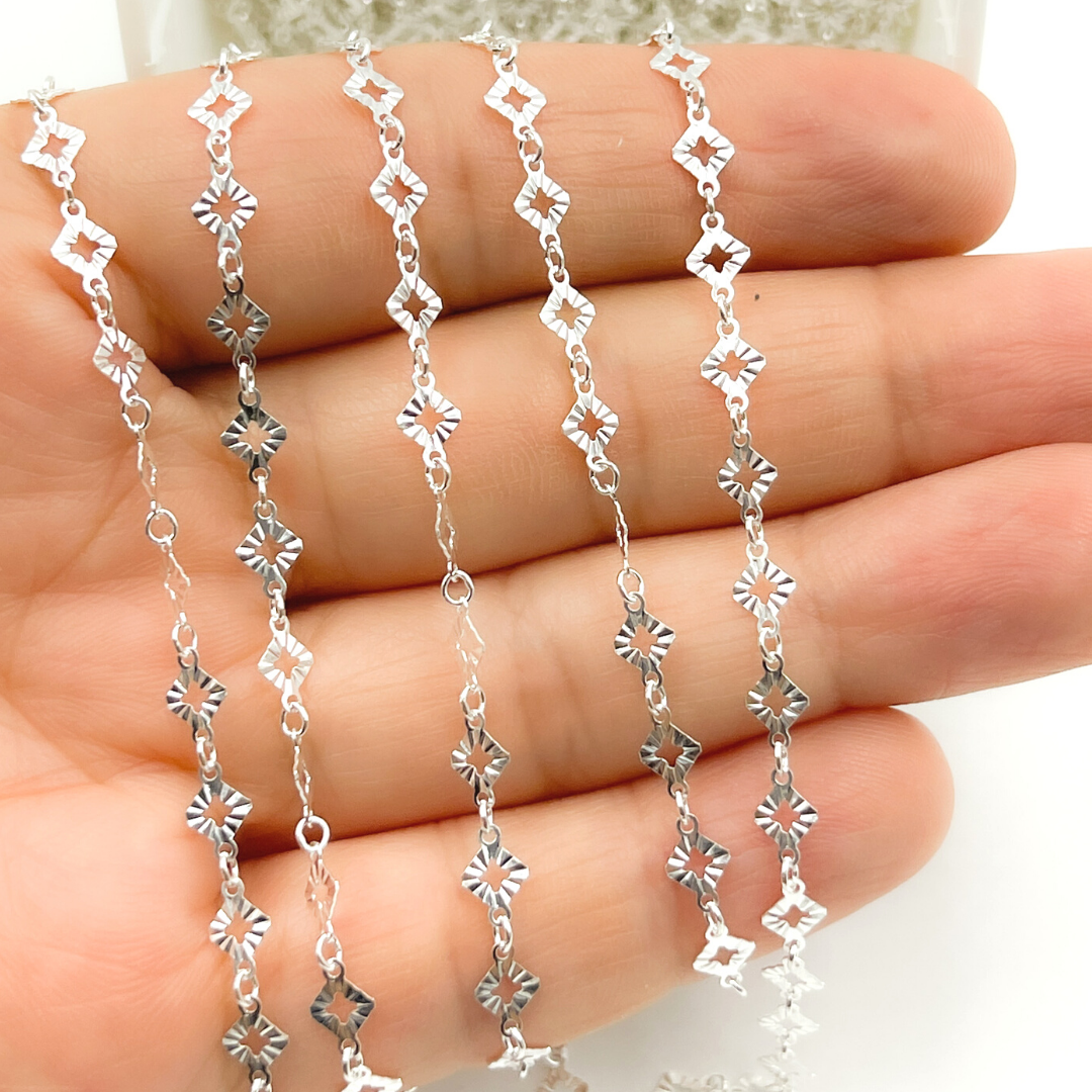 925 Sterling Silver Hammered Diamond Link Chain. V18DCSS