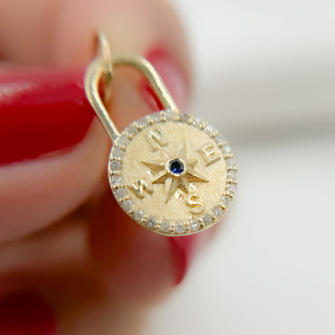 14k Solid Gold Diamond and Blue Sapphire Compass Charm. GDP369