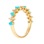 Load image into Gallery viewer, RAF01630TQ. 14K Solid Yellow Gold Diamond and Turquoise Flower and Baguette Ring
