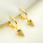 Load image into Gallery viewer, EHF56666. 14k Solid Yellow Gold Diamond Huggie Hoop with Dangle Cone Earrings