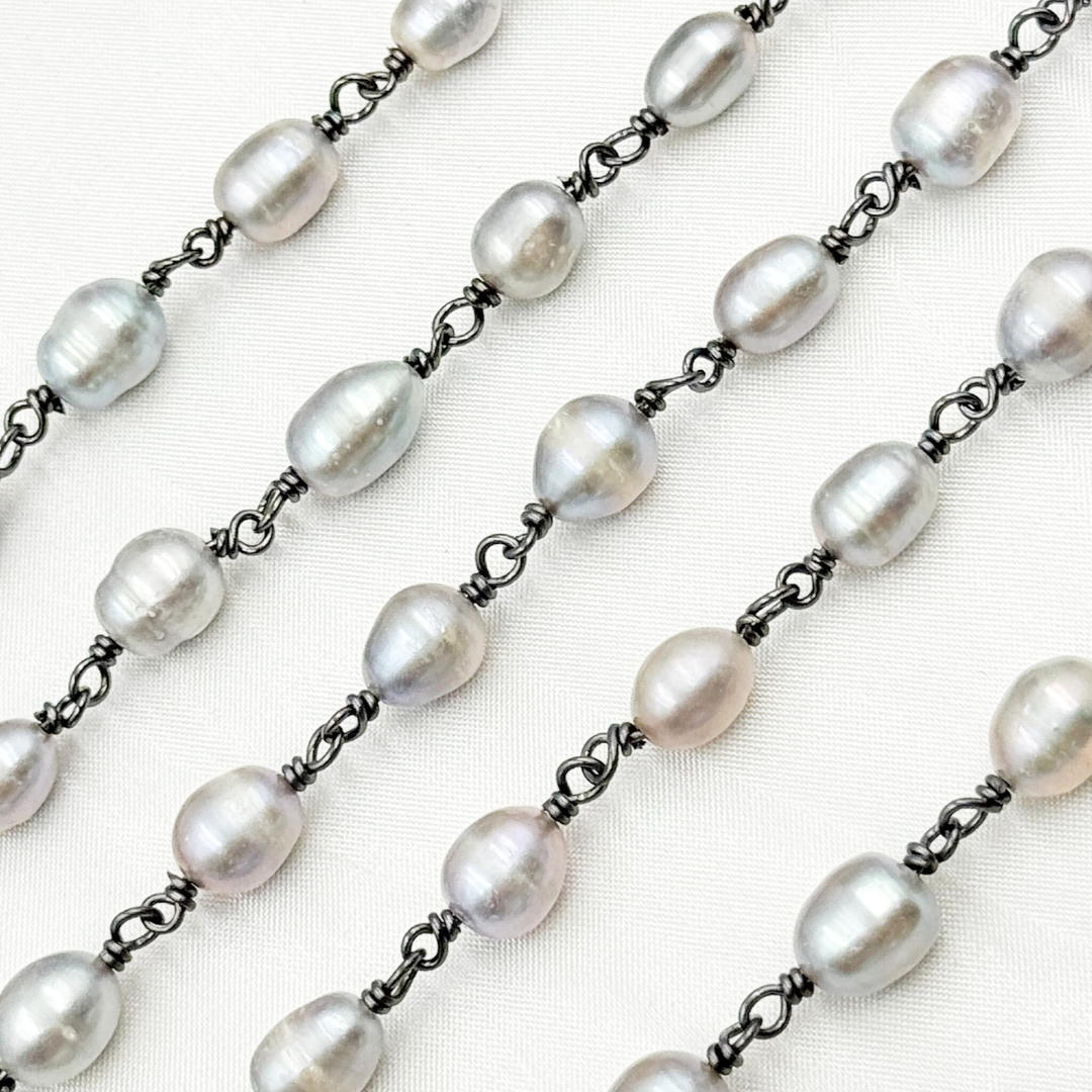 Grey Freshwater Pearl Organic Shape Wire Wrap Chain. PRL16