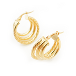 Load image into Gallery viewer, 14K Solid Gold Textured Triple Line Hollow Hoop Earrings