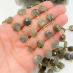 Load image into Gallery viewer, Labradorite Coin Shape Gold Plated 925 Sterling Silver Wire Chain. LAB124