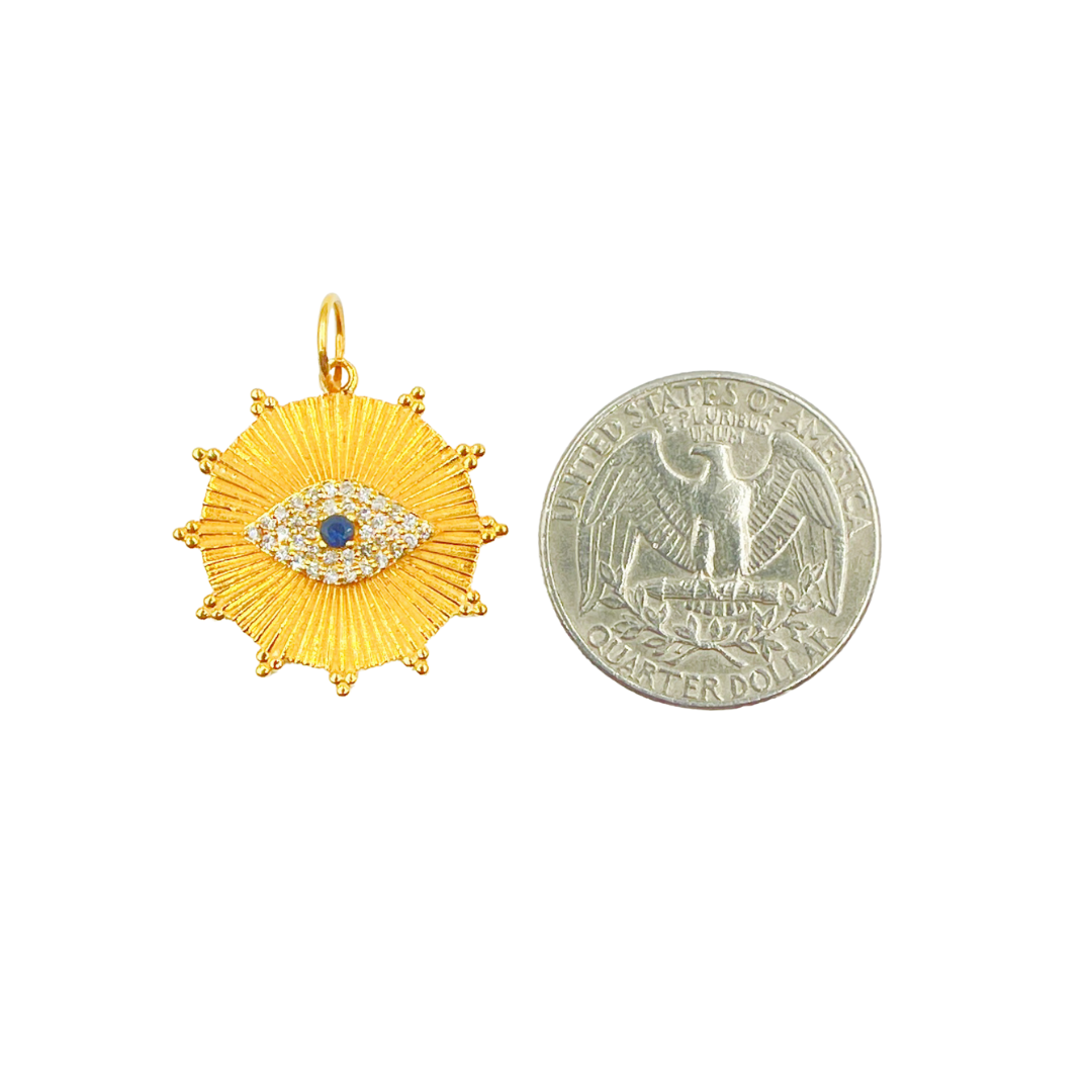 GDP300. 14K Solid Gold Diamond and Blue Sapphire Circle Evil Eye