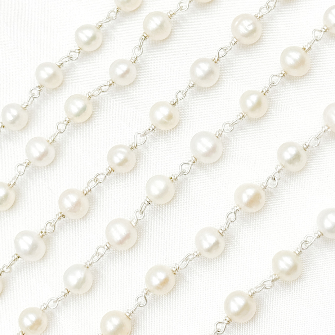 White Pearl Round Gold Plated 925 Sterling Silver Wire Chain. PRL57