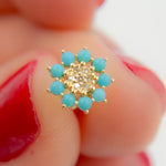 Load image into Gallery viewer, 14K Yellow Gold Diamond and Turquoise Flower Stud Earring