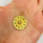 Load image into Gallery viewer, 14K Solid Gold Diamond and Emerald Sun Circle Charm. GDP325