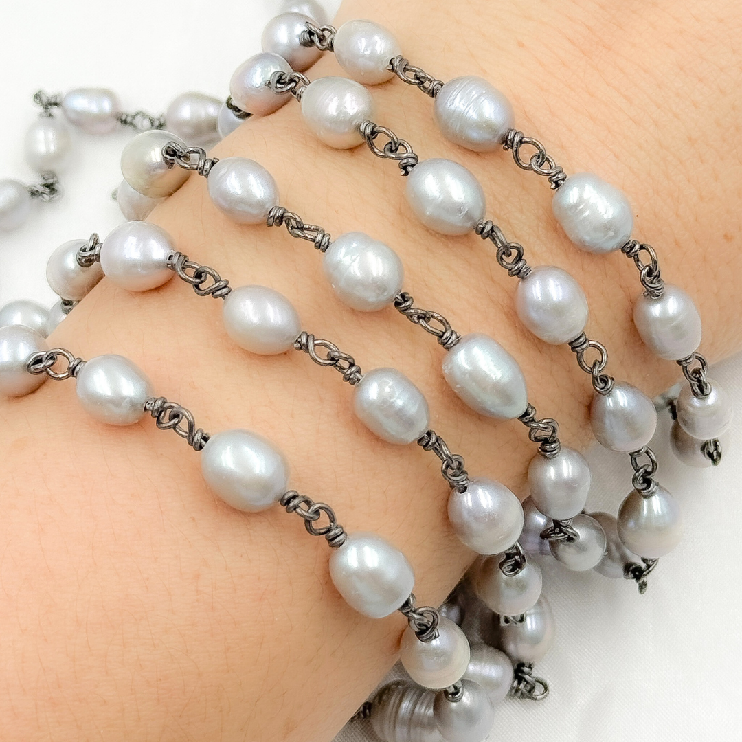 Grey Freshwater Pearl Organic Shape Wire Wrap Chain. PRL16
