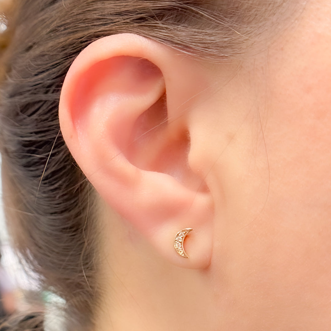 14K Solid Gold and Diamonds Crescent Moon Studs