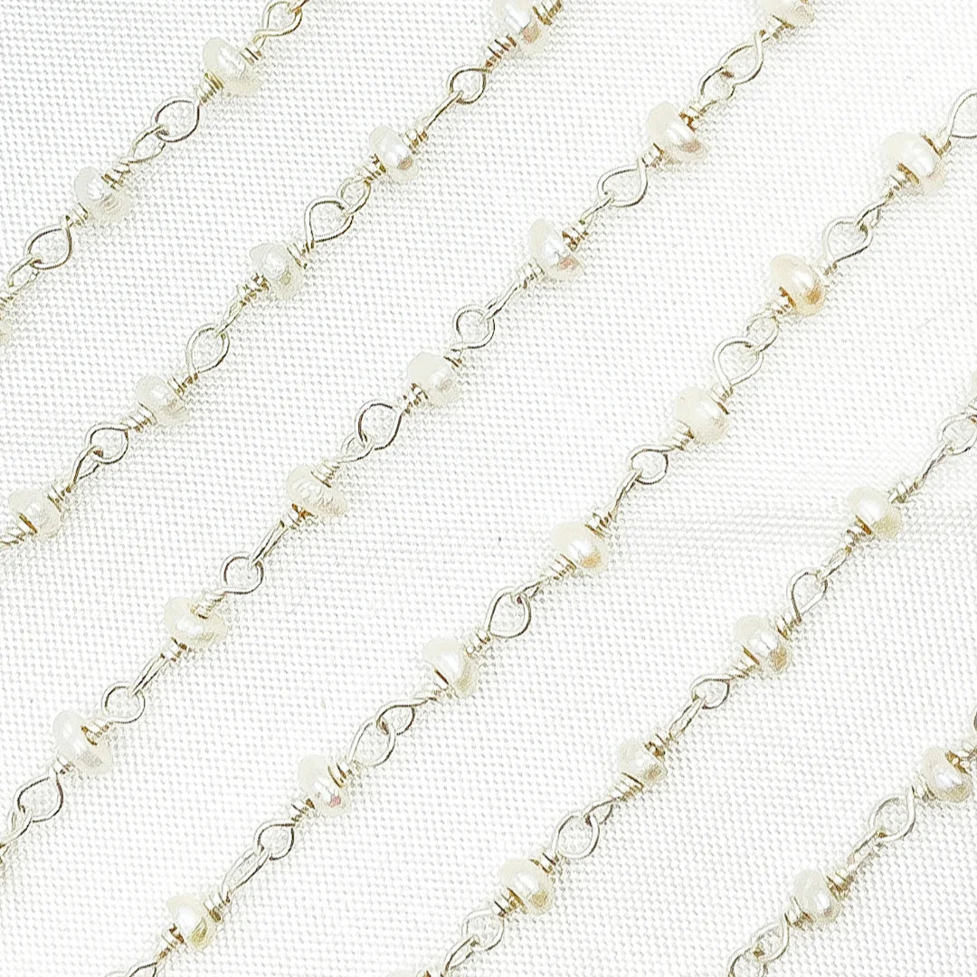 PRL51. White Freshwater Pearl 925 Sterling Silver Wire Chain