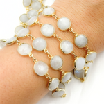 Load image into Gallery viewer, White Moonstone  Round Shape Bezel Gold Plated Wire Chain. CMS26
