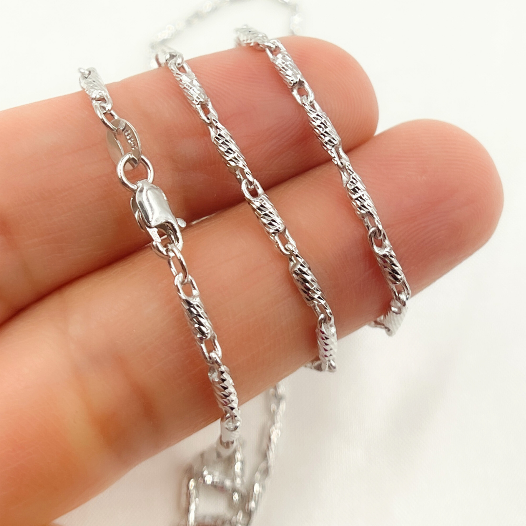 14k Solid White Gold Twisted Bar Link Chain