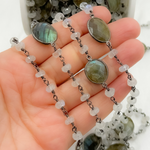 Load image into Gallery viewer, Rondel Moonstone & Coin Labradorite Oxidized 925 Sterling Silver Wire Chain. MS73