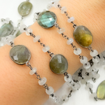Load image into Gallery viewer, Rondel Moonstone & Coin Labradorite Oxidized 925 Sterling Silver Wire Chain