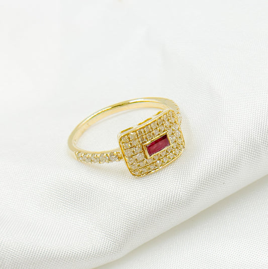 14K Solid Yellow Gold Diamond and Ruby Rectangle Ring.