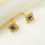 Load image into Gallery viewer, GDT14. 14K Gold, Diamonds and Blue Sapphire Square Earrings