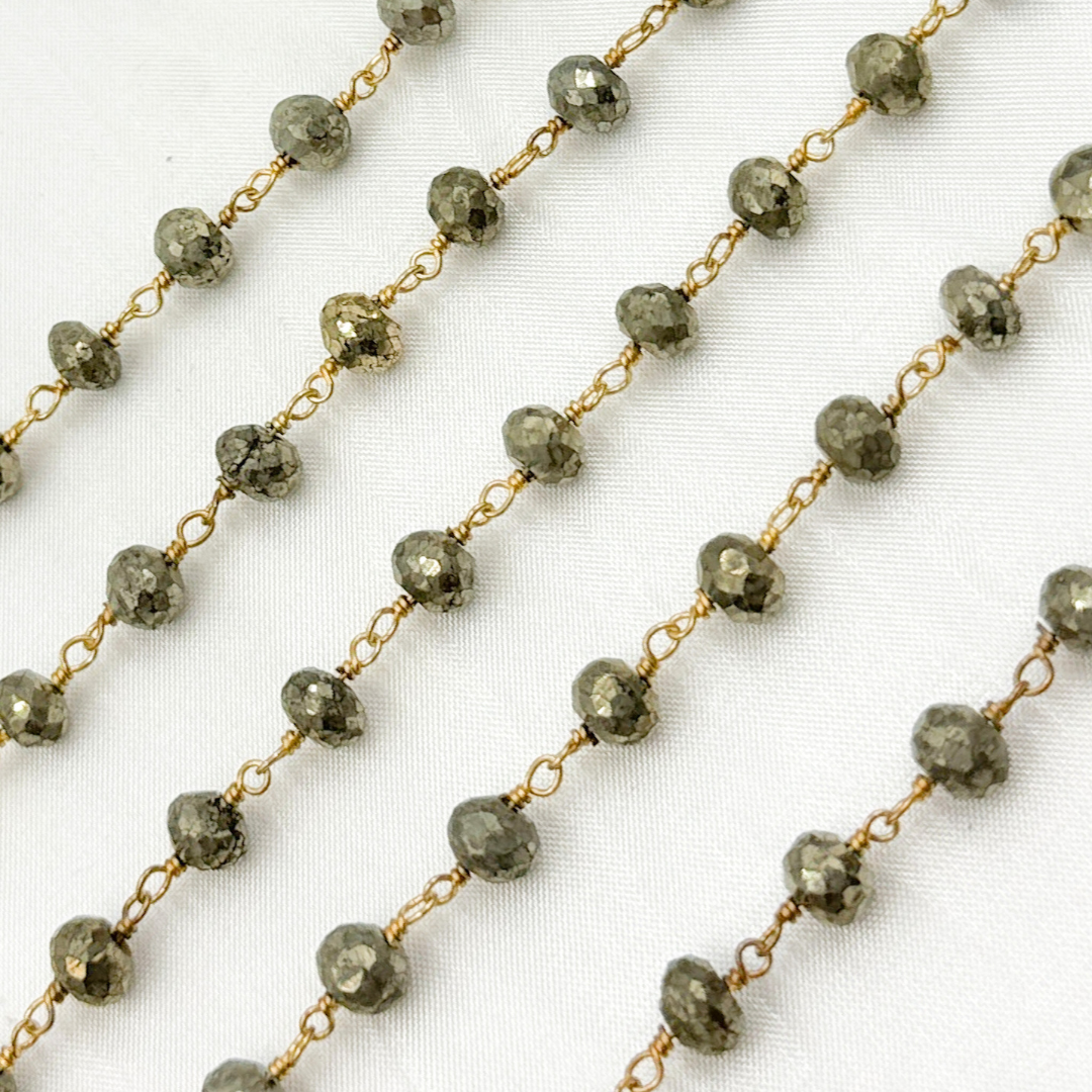 Pyrite Rondel Faceted Gold Plated 925 Sterling Silver Wire Chain. PYR68
