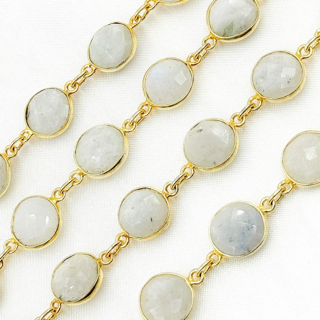 White Moonstone  Round Shape Bezel Gold Plated Wire Chain. CMS26