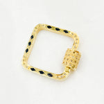 Load image into Gallery viewer, A gold-plated, black rhodium and rose gold plated square enamel carabiner clasp with diamond accents.