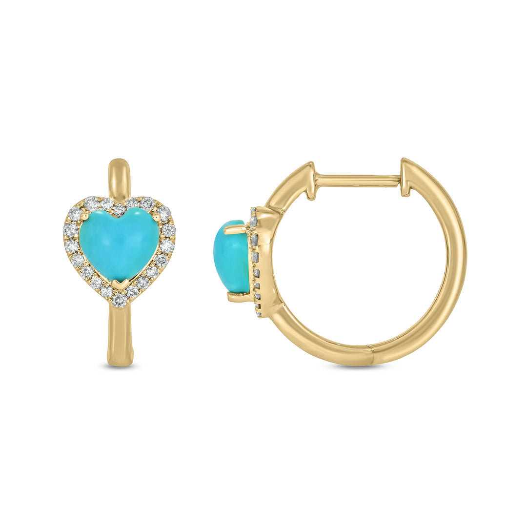 14k Solid Gold Diamond and Turquoise Heart Hoops. CE96390TQ6