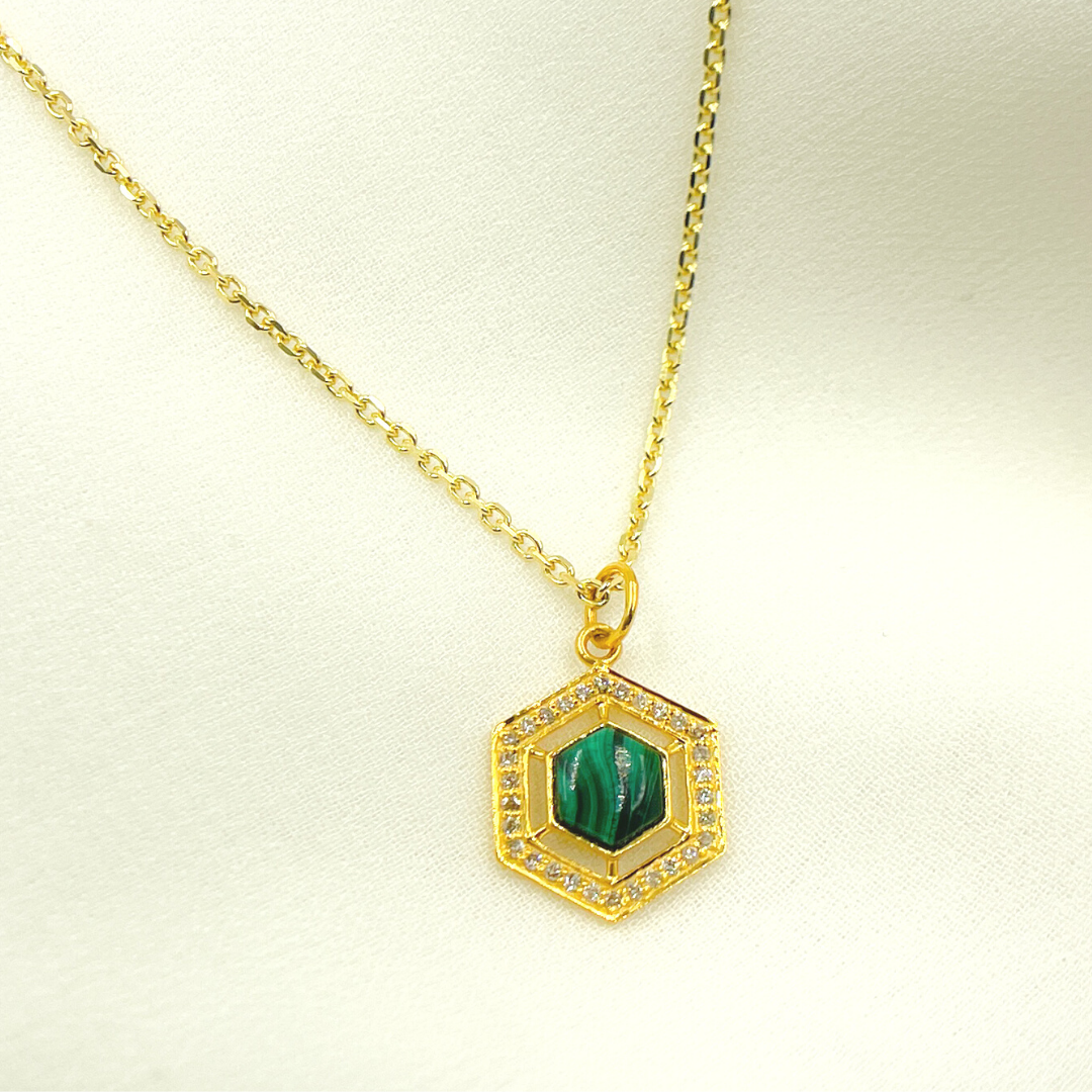 14K Solid Gold Hexagon Shape Charm with Diamonds and Malachite or Emerald. GDP316