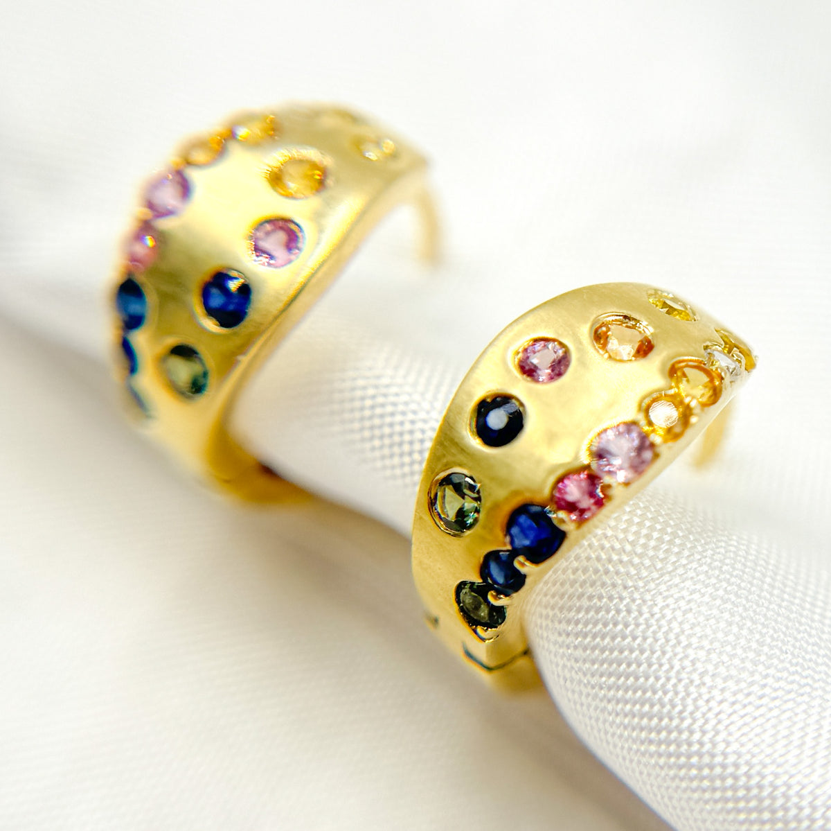 HP402545. 14K Solid Gold Diamond & Multi Sapphire Hoop Earrings