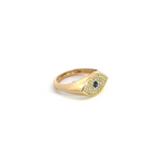 Load image into Gallery viewer, 14k Solid Yellow Gold Diamond and Sapphire Evil Eye Ring.