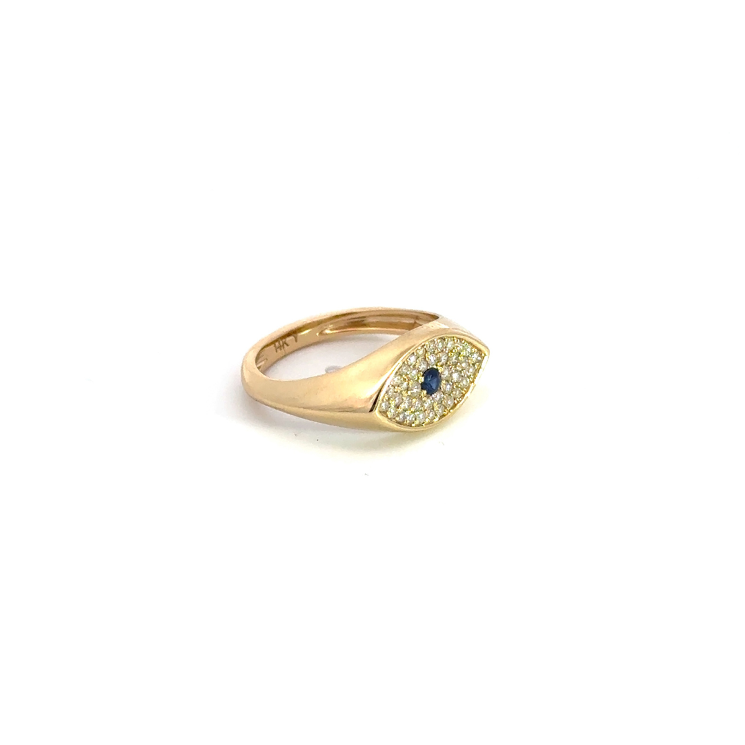 14k Solid Yellow Gold Diamond and Sapphire Evil Eye Ring.
