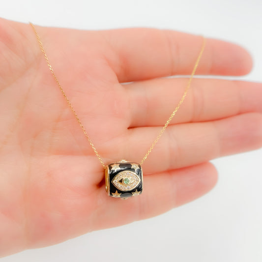 14K Gold Black Enamel and Diamond Evil Eye Design Ring Charm