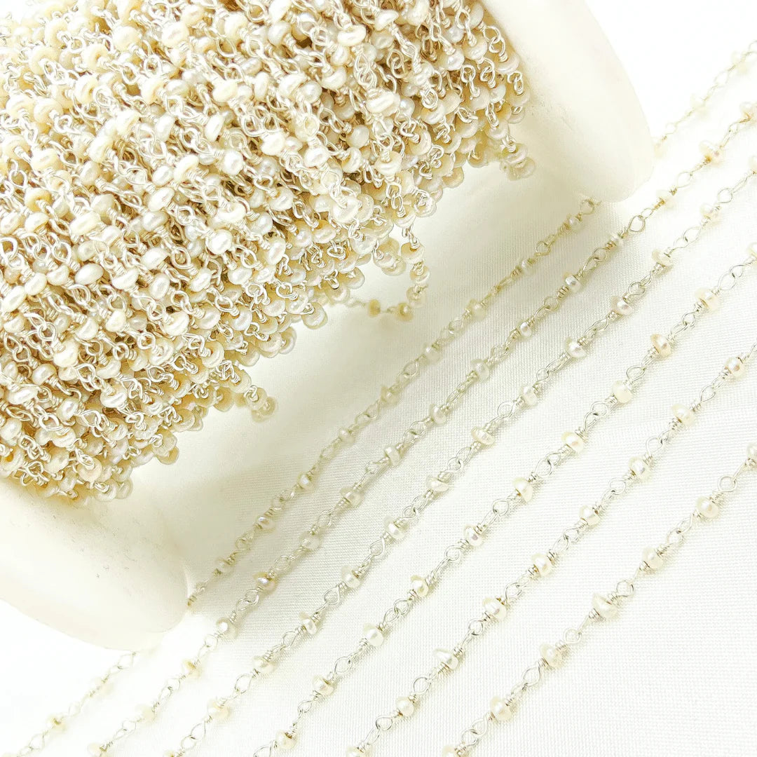 PRL51. White Freshwater Pearl 925 Sterling Silver Wire Chain