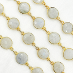 Load image into Gallery viewer, White Moonstone Round Shape Bezel Gold Plated Wire Chain. CMS26