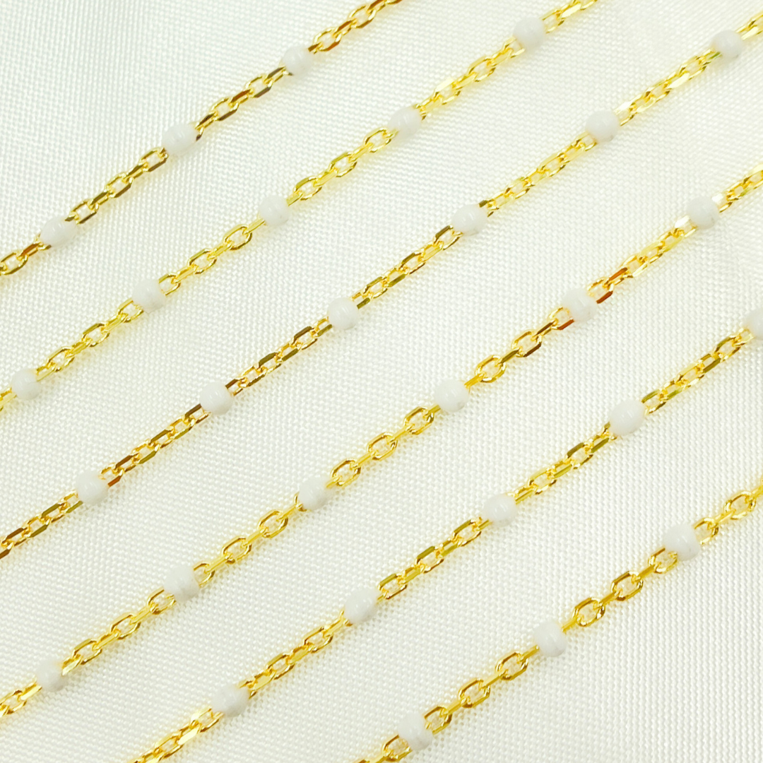 925 Sterling Silver Gold Plated Enamel White Color Cable Chain. V203WTGP