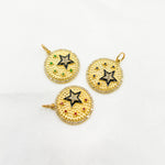 Load image into Gallery viewer, KG236. 14k Solid Gold Circle Charm with Diamonds, Gemstones, and Enamel with Stars
