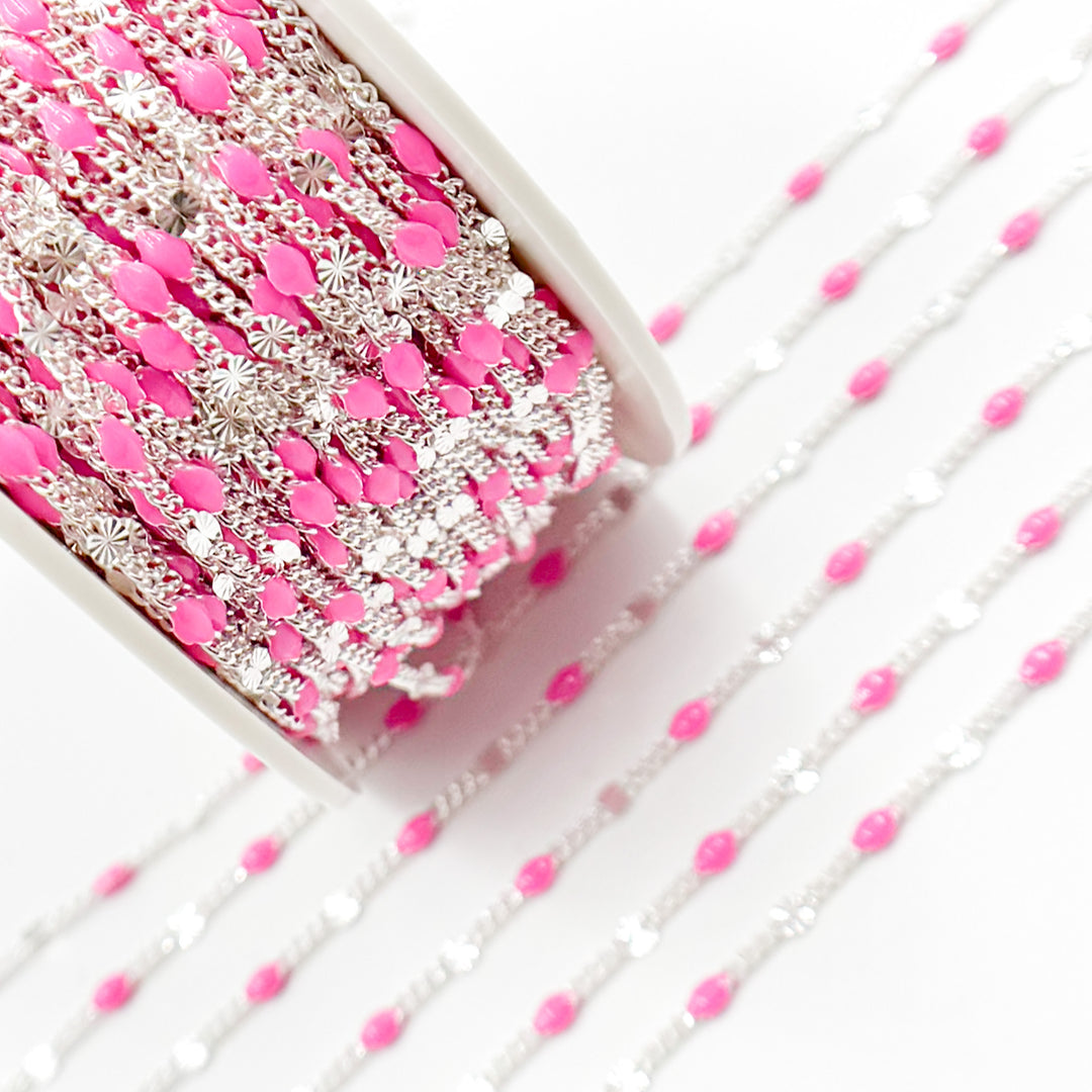 Sterling Silver Pink Color Enamel  Marina Link Chain