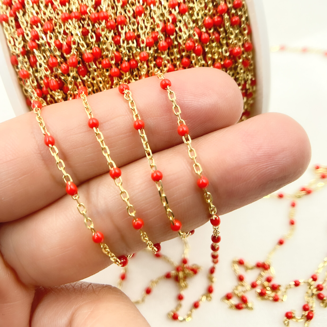 Gold Plated 925 Sterling Silver Enamel Red Color Cable Chain. V203RDGP