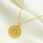 Load image into Gallery viewer, 14K Solid Gold with Diamonds Circle Shape Charm with Sun in the Center. GDP149