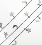 Load image into Gallery viewer, Black Rhodium 925 Sterling Silver Chain with Star & Moon Dangle