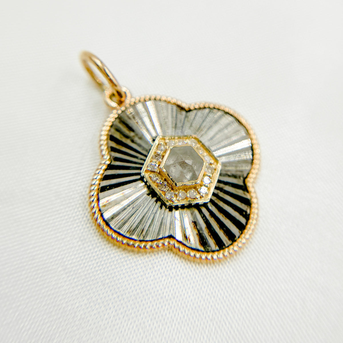 14k Solid Gold and Sterling Silver Diamond Flower Charm. KSG62