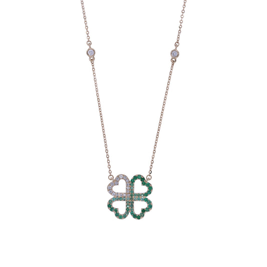 NFD72910EM. 14K Solid Gold 4 Heart Clover Diamond and Emerald Necklace