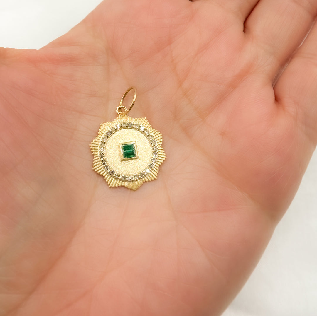 14K Solid Gold Emerald and Diamond Circle Charm. GDP657